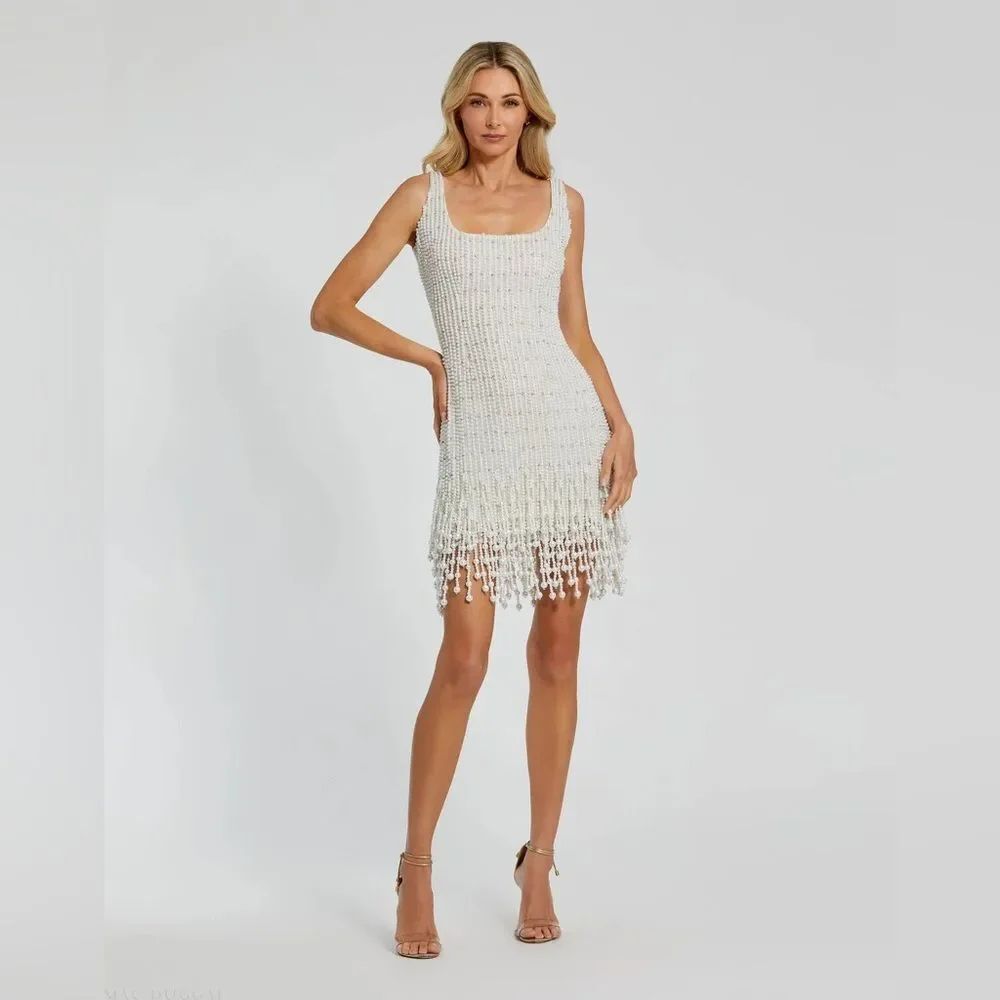 Mac Duggal 94049 White Ivory Size 6 Faux Pearl Beaded Square Neck Mini Dress
